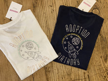 Load image into Gallery viewer, adoption-birthday-milestone-kids-personalised-date-t-shirt-navy-white-styling
