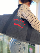 Load image into Gallery viewer, Fight like a woman vintage canvas barrel bag

