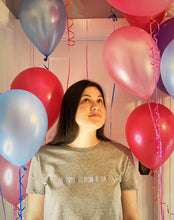 Load image into Gallery viewer, woman-wearing-adoption-shower-day-slogan-tshirt-with-balloons
