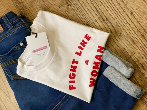 White-fight-like-a-woman-slogan-kids-t-shirt-fashion-with-jeans