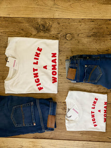 White-fight-like-a-woman-slogan-t-shirt-womens-kids-matching-set
