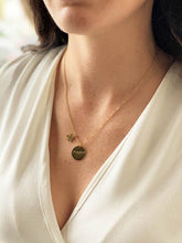 Load image into Gallery viewer, Womans-neck-gold-disc-handstamped-found-necklace-jigsaw-piece

