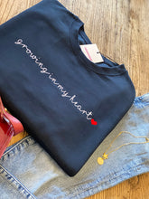 Load image into Gallery viewer, womens-blue-navy-sweatshirt-with-growing-in-my-heart-slogan
