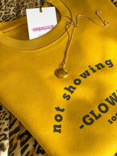 Load image into Gallery viewer, Notafictionalmum-Mustard-yellow-not-showing-still-glowing-sweatshirt-close-up-with-gold-necklace-styling
