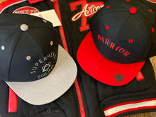 Load image into Gallery viewer, two-baseball-caps-with-superhero-squad-warrior-slogan-red-black-grey
