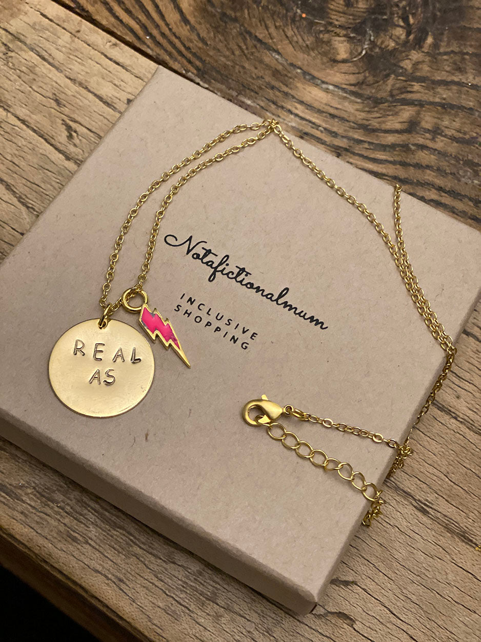 Gold-charm-pendant-real as-thunderbolt-necklace-handstamped-adoption-gift-by-notafictionalmum