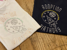 Load image into Gallery viewer, adoption-birthday-milestone-kids-personalised-date-t-shirt-navy-white-styling
