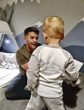 Load image into Gallery viewer, dad-laughing-toddler-and-dad-toddler-bedroom-decor-kids-grey-striped-pyjamas
