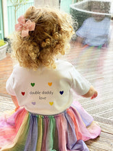 Load image into Gallery viewer, girl-wearing-double-daddy-love-white-tshirt-with-rainbow-hearts-tuttu-one-of-the-items-from-the-adoption-clothing-range-from-notafictionalmum
