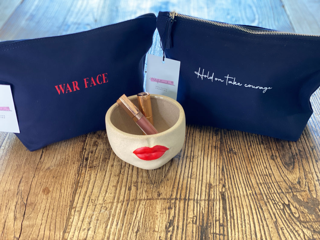 Make-up bags – war face & hold on take courage NFM designs