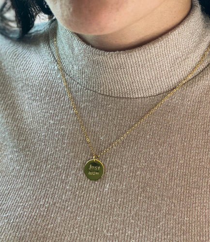 women-wearing-just-mum-gold-handstamped-pendant-disc-necklace