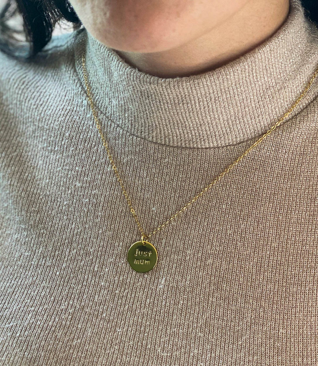 women-wearing-just-mum-gold-handstamped-pendant-disc-necklace