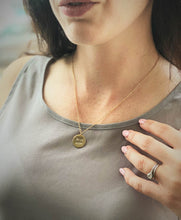 Load image into Gallery viewer, women-wearing-just-mum-gold-handstamped-pendant-disc-necklace
