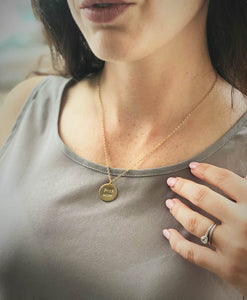 women-wearing-just-mum-gold-handstamped-pendant-disc-necklace