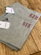 Load image into Gallery viewer, grey-marl-tshirt-love-grows-here-maroon-slogan
