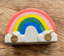 Load image into Gallery viewer, gold-chain-handstamped-disc-necklace-on-rainbow-stand
