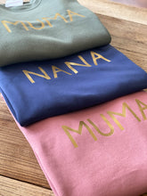 Load image into Gallery viewer, three-folded-muma-personalised-sweatshirts-green-blue-pink
