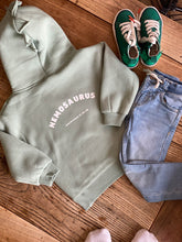 Load image into Gallery viewer, sage-green-kids-personalised-dinosaur-hoodie-with-dinosaur-hood--one-of-the-items-from-the-adoption-clothing-range-from-notafictionalmum
