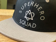 Load image into Gallery viewer, kids-grey-black-baseball-cap-superhero-squad-slogan-close-up
